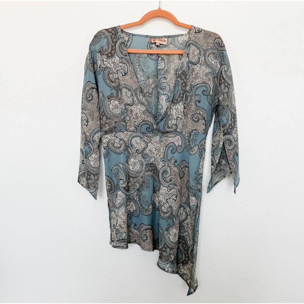 Y2K Reality Asymmetrical Paisley Tunic Top Sheer Blue Boho Romantic Fairy Witchy